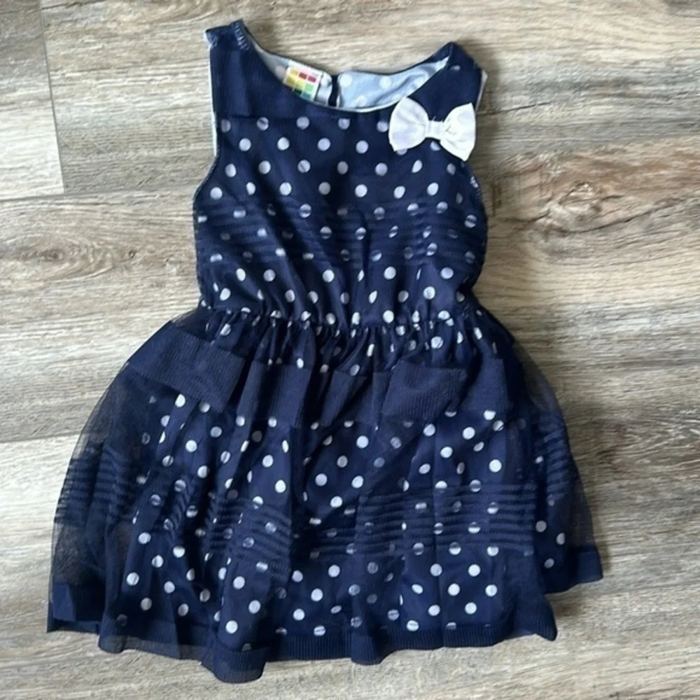 HealthTex dress size 3T navy blue white polkadot white bow